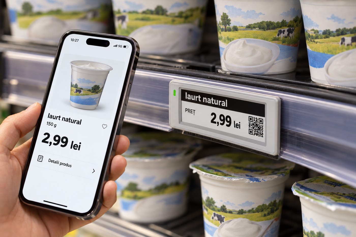 Interacțiune cu telefonul și o etichetă electronică în supermarket