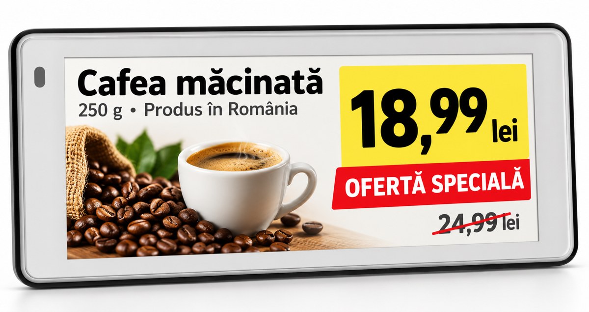 Etichetă electronică cu ofertă pentru cafea